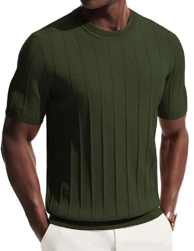 Image of PJ PAUL JONES Mens T Shirt Short Sleeve, Heavy Weight Knitted T Shirt, Basics Crew Neck Summer Tee Shirts, Classics Comfort T-Shirts Military Green M