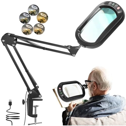 Image of 10X Square Magnifying Glass with Light and Clamp, Real Glass LED Lighted Magnifier and Stand, 5 Color Modes Stepless Dimmable, Hands-Free Desk Lamp with Clamp for Reading Craft Hobby Close Work -Black