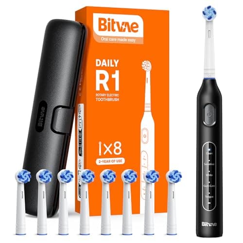 Image of Bitvae Rotating Electric Toothbrush with 8 Brush Heads for Adults and Kids, Travel Case, 5 Modes Rechargeable Power Toothbrush with 2-Minute Smart Timer, 60-Day Battery Life, Black