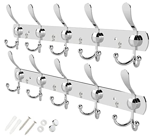 Image of GlazieVault Coat Hooks for Wall - Stainless Steel Coat Racks (2 Pack) - Heavy Duty Coat Hook Wall Mounted - Premium Design Rust Free Coat Hanger for Clothes (Silver Tri)