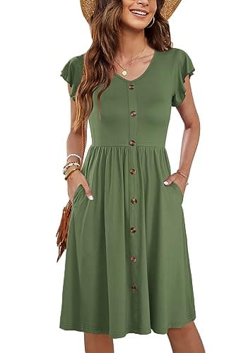 Image of MOLERANI Women Summer Dresses Ruffle Sleeve V Neck Casual Swing Elastic Waist Midi Dress with Pockets PocketsPlain Army Green Size 14