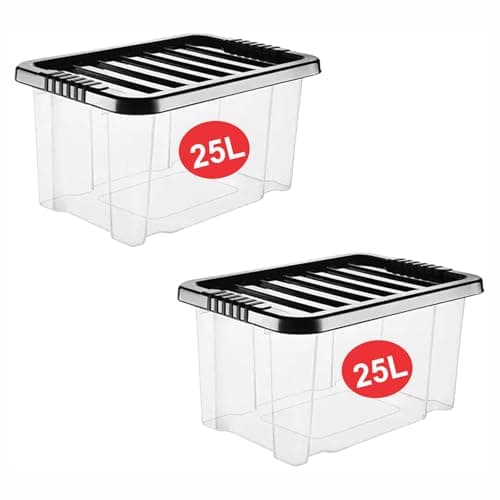 Image of RelianceUK 25L Plastic Storage Boxes with Black Lids (25 Litre / 2 Pack) | Stackable, Durable and Clear Storage Containers, BPA Free Storage Box for Home Office Kitchen