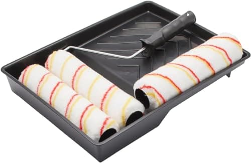 Image of Fit For The Job 5 Piece 9 inch Triple Paint Roller Set for DIY Painting with Emulsion Paints on Walls & Ceilings - Medium Pile Roller Sleeves for Smooth & Semi Smooth Surfaces, with Frame & Tray, 9"