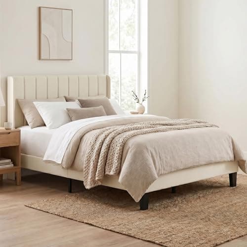 Image of Levede Double Bed Frame, Upholstered Platform Bed with Channel Tufted Wingback Headboard, Strong Wood Slat Support, Noise-Free Foundation, No Box Spring Needed, 4ft6 Double Bed, Beige