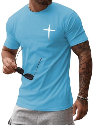 Image of iudam Mens Short Sleeve Cotton T-Shirts Crew Neck Jesus Cross Printed Shirts Faith Christ Shirts, Sky Blue, XL