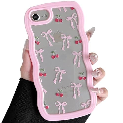 Image of ZTOFERA Wavy Case for iPhone 7/8/SE 2020/SE 2022, Cute Clear Protective Case with Cherry Ribbon Pattern, Hard PC Colored Wave Frame Soft Silicone Bumper Shockproof Cover for Girls Women, Pink