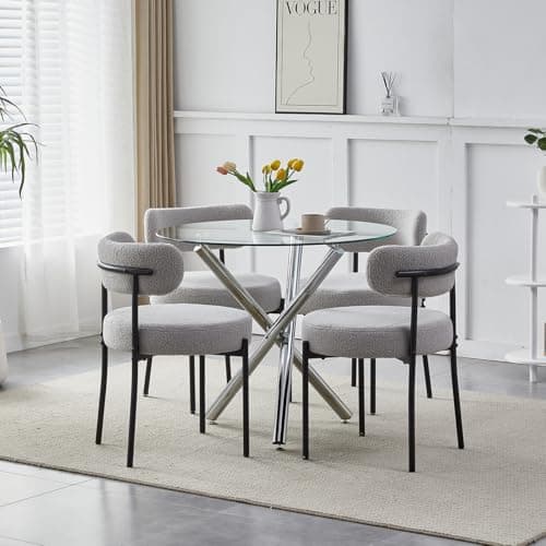Image of Pantanal Round Glass Dining Table and Grey Velvet Chairs Set of 4 for Small Space, 5 Pieces Modern Kitchen Table Set for Home Office Restaurant (4 Grey Chairs#3)