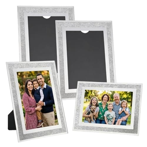 Image of 4 PCS 4 x 6 in Silver Crystal Photo Frames, Silver Sparkle Glass Picture Frames for Tabletop Display, Decorative Glitter Frame Set for Wedding Family Portraits
