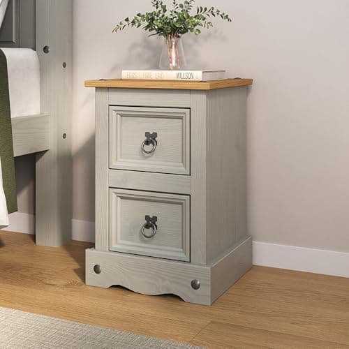 Image of Corona Bedside Table 2 Drawer Two Tone Pine Wood Grey Mexican