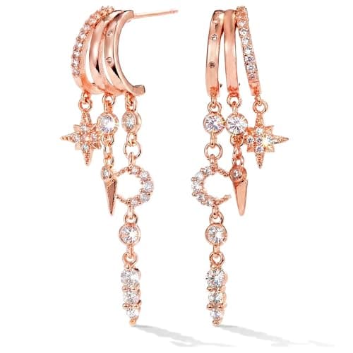 Image of MUMREUES Rosegold Earrings for Women Trendy 14K Rose Gold Plated Dangly Earrings Small Huggie Hoop Earrings Simple Cubic Zirconia Star Moon Dangle Earrings Hypoallergenic Drop Chain Earrings