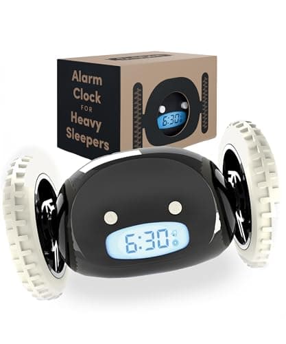 Image of CLOCKY Alarm Clock on Wheels (Original) | Extra Loud for Heavy Sleeper (Adult or Kid Bed-Room Robot Clockie) Funny, Rolling, Run-away, Moving, Jumping (Black)