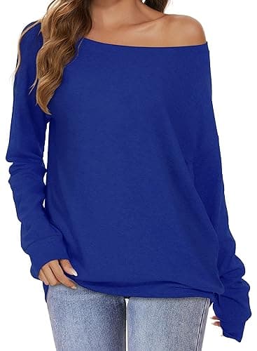 Image of florynova Womens Off The Shoulder Sweatshirts Long Sleeve Tops Pullover Sweater Casual Loose Blouse Fall Fashion (Solid Blue, M)