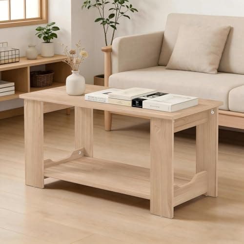 Image of Warmiehomy Coffee Table with 2 Tier Shelf Storage Modern Style End Table Square Coffee Tables for Living Room Dining Room Kitchen Furniture Office (80x40x42cm/Wood)