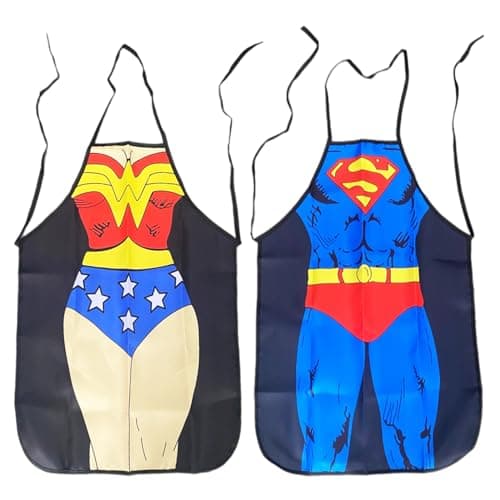 Image of YNR Funny Novelty Apron Chef Apron with Superman and Wonder Woman Waterproof Home and Kitchen Aprons Gift for Couples Friends (2pcs)