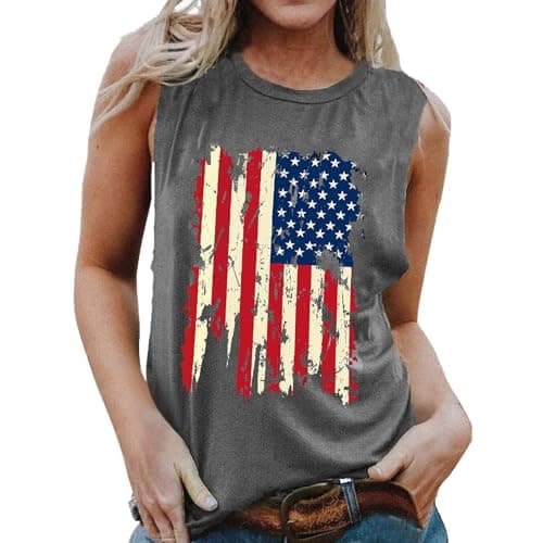 Image of Patriotic Stars Sleeveless Vest - T Shirt Tank for Independence Day, Soft Cotton#M Grey