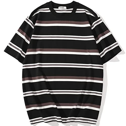 Image of KLIEGOU Men's Fashion Loose Fit Crewneck Stripe T-Shirt, 63hy Black, Large