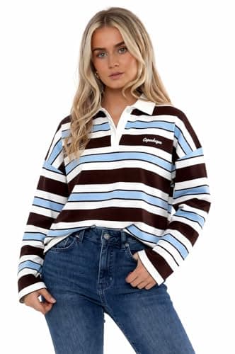 Image of RAIS Women's Rugby Collar Stripe Oversized Sweatshirt (UK, Alpha, S, M, Regular, Regular, Brown and Blue)