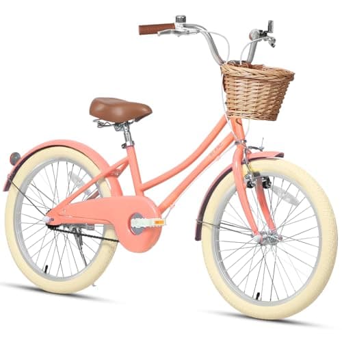 Image of Glerc 20 Inch Kids Girls Bike for 6 7 8 9 10 Years Old Little Girls Retro Vintage Style Bicycles with Basket,Stabilisers and Bell,Peach