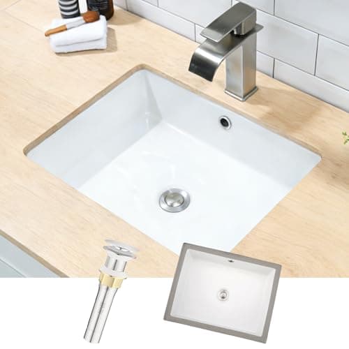 Image of Bathroom Sink, White Sink 500mm x 380 mm, Bathroom Basin Modern Art Small Sink Under Counter Ceramic Wash Basin with Overflow, Stainless Steel Pop-up Drain, Pipe Kit