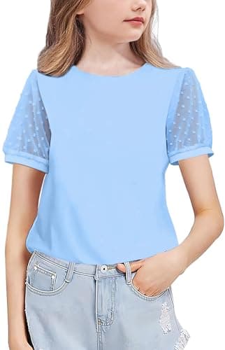 Image of Arshiner Girls T-Shirts Chiffon Sleeves Kids Summer Cotton Round Neck Short Sleeve Tops Casual Basic Tee Shirt for Girls 7-8 Years Light Blue
