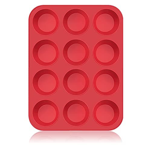 Image of SUPER KITCHEN Large Muffin Tray 12 Cup Silicone Muffin Pan, Non-Stick Muffin Cupcake Tin, Baking Mould for Muffins or Cupcakes, Bakeware 33 x 25 x 3 cm (Red)
