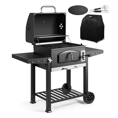 Image of VonHaus Charcoal BBQ with Accessories – XL American Portable Barbecue – 2 in 1 Barbeque and Smoker – Grill Meat, Fish & Vegetables – For Outdoor/Garden Cooking, Dining, Entertaining