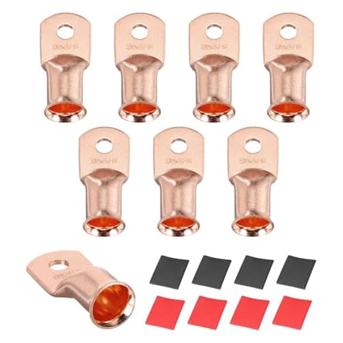 Image of sourcing map 8pcs 4/0 AWG M8 Battery Lugs Ring Terminals, 5/16" 8mm Stud Crimp Wire Terminal Connector End Copper, 3:1 Heat Shrink Tubing, Gold