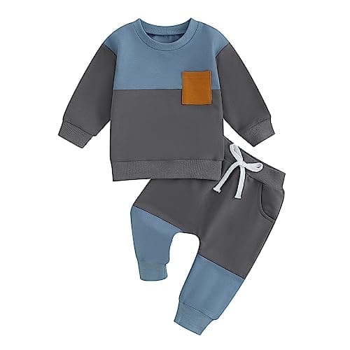 Image of Vioyavo Toddler Baby Boys Pants Set Outfit Spring Fall Color Block Tracksuit Long Sleeve Crew Neck Sweatshirt Elastic Waist Long Pants (Blue Gray, 12-18 Months)