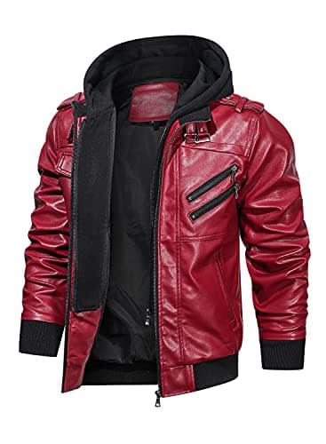 Image of HOOD CREW Men’s PU Faux Leather Motorcycle Bomber Jacket With a Removable Hood Red XXL