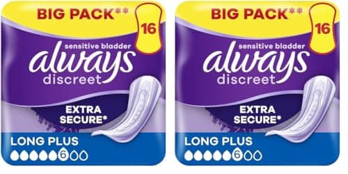 Image of Always Discreet Incontinence Pads, Long, Plus, 16 Towels, Bigger Pack, Odour Neutraliser, for Sensitive Bladder (Pack of 2)