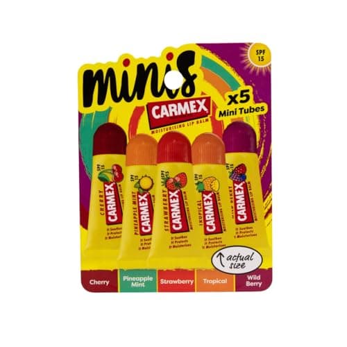 Image of Carmex Mini Scented Lip Balm Tubes – Pack of 5 | In Cherry, Strawberry, Pineapple Mint, Wild Berry & Tropical Flavours | SPF 15 Sun Protection | Long-Lasting Hydration for Smooth, Supple Lips