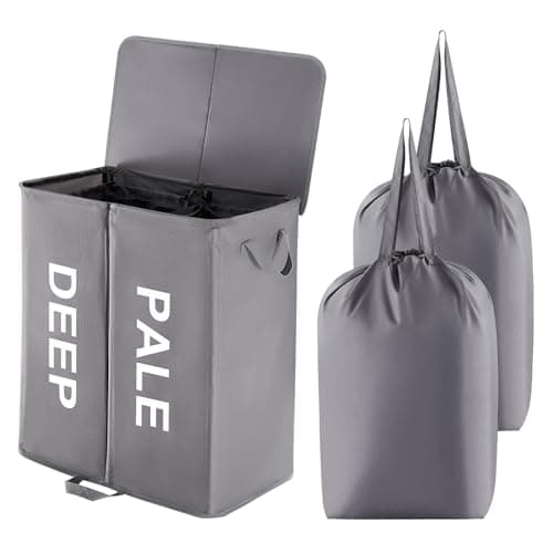 Image of Lifewit Double Washing Basket For Laundry, 136L Divided Laundry Bin with Lid and Removable Bags, Collapsible 2 Compartments Hamper with Handles for Bedroom, Bathroom, College Dorm, Grey