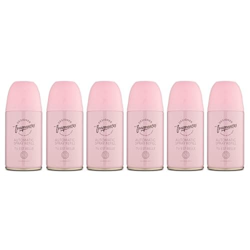 Image of Designer Fragrances 6 Pack Tu Est Belle Automatic Room Spray Universal Refill Air Freshener Cans - For Home & Vehicles – Upto 70 Days of Luxury Lasting Smell - Deodorise & Neutralise Odours – 250ml