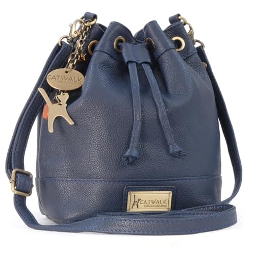 Image of Catwalk Collection Handbags - Women's Leather Crossbody Bag - Drawstring Bucket Bag - Small/Medium - Adjustable Shoulder Strap - Rochelle - Blue