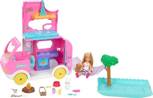 Image of Barbie Camper, Chelsea 2-in-1 Playset with Small Doll, 2 Pets & 15 Accessories, Vehicle Transforms into Camp Site, HNH90