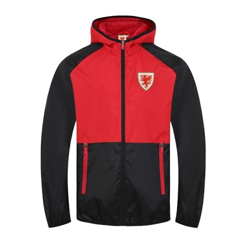 Image of Wales Cymru FAW Official Football Gift Mens Shower Jacket Black Red Large