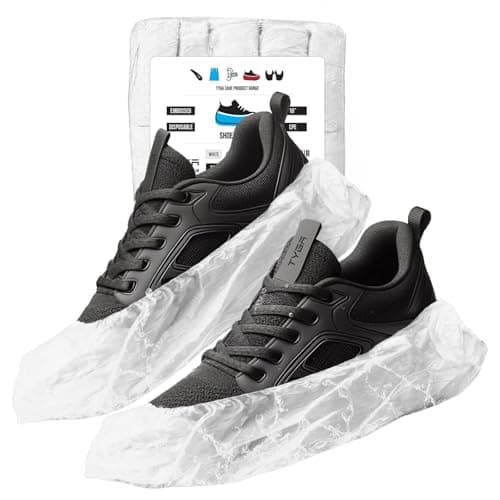 Image of TYGA Disposable Shoe Covers, 100 Pack White Overshoes, Waterproof & Anti-Slip Plastic Boot Covers, Dustproof Floor & Carpet Protectors One Size Fits Most