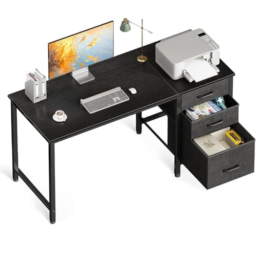 Image of Coleshome Computer Desk with Drawers, 120×48cm Office Desk with Storage, Reversible Small Black Desks for Home Office