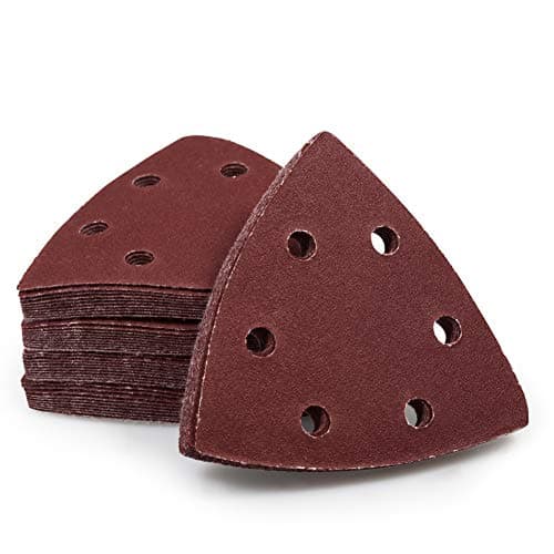 Image of SPEEDWOX 50 Pcs Triangle Sanding Pads Hook and Loop 180 Grit Oscillating Sanding Pad 90mm 6 Holes Fit 3-1/2 Inches Oscillating Multi Tool Detail Sander Sandpaper Triangle Sanding Discs Sanding Tool
