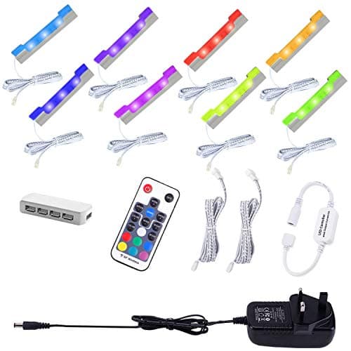Image of AIBOO LED RGB Under Glass Shelf Cabinet Lighting Kit with RF Remote Control, Dimmable Long Clip on Glass Display Shelf Lights, Ultra Slim LED Strips Lights for Kitchen Counter and Cupboard (8 Pack)