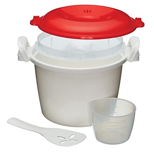 Image of KitchenCraft Rice Cooker - Microwave Steamer, BPA Free Plastic, 1.5 Litre, White/Red