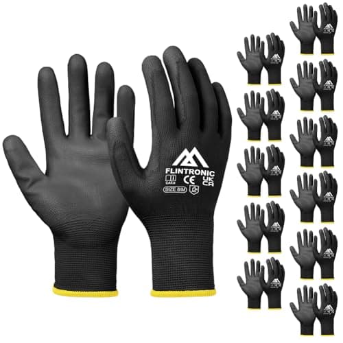 Image of Flintronic 12-Pair Non-Slip PU-Coated Work Gloves - Protective Grip for General Duty and Gardening (Medium, Size 8, Black)