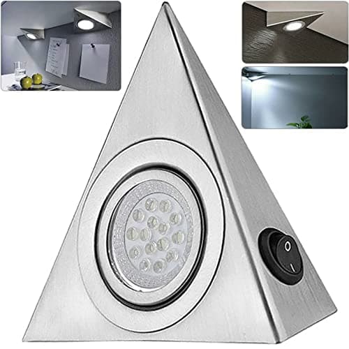Image of ATEK LED Under Cabinet Triangle Lights Warm White – Stainless Steel Cupboard Shelf Lighting Pyramid Kitchen Bedroom LED Spot Light [Energy Class A] [Energy Class A]