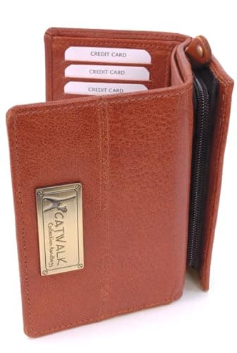 Image of Catwalk Collection Handbags - Ladies Medium Leather Purse - Women's Trifold Wallet with 8 Card Slots & Zip Coin Pocket - RFID - Victoria - Tan