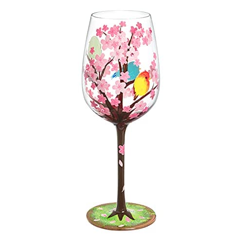 Image of NymphFable 100% Hand Painted Wine Glass Pink Cherry Blossom Bird Wine Glass Anniversary Birthday Gifts for Woman 15oz