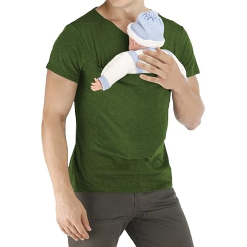 Image of Men's Babywearing T-Shirt with Front Pocket, Hands-Free Summer Skin-to-Skin Bonding Top, Plain Short Sleeve V-Neck Dad and Baby Tee for A New Daddy Green