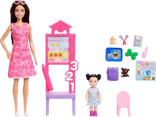 Image of Barbie Careers Teacher Playset with Fashion Doll Wearing Removable Dress, Toddler Small Doll, Classroom Board & Accessories, JMK16