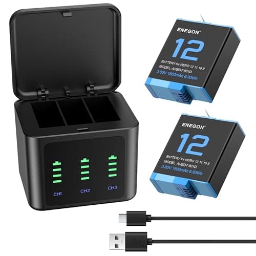 Image of ENEGON Hero 12 11 10 9 Battery 1800mAh 2 Pack Rechargeable Li-Ion Battery and Dual Smart LCD Port Charger for Gopro Hero 12 11 10 9 Black Action Camera Battery Chargers