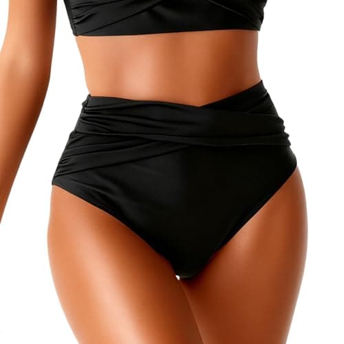 Image of Womens Bikini Bottoms High Waist Tummy Control Swim Briefs Cross Front Ruched High Rise Bikini Pants Stretchy Full Coverage Swimwear Bottoms (UK, Alpha, S, Regular, Regular, Black)