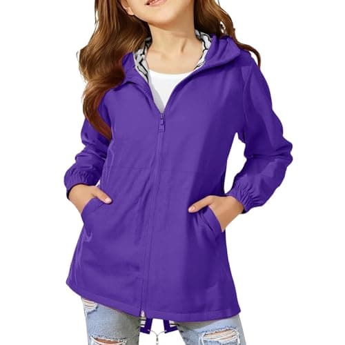 Image of Teen Girls Waterproof Hooded Rain Jackets Zip up Oversized Lightweight Windbreker Coats Kids Outdoor Hiking Walking Windproof Hooded Jackets with Pockets (Purple, 15-16 Years)